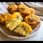 A plate of golden Sausage Pancake Breakfast Muffins, one broken open to show sausage and herbs inside.