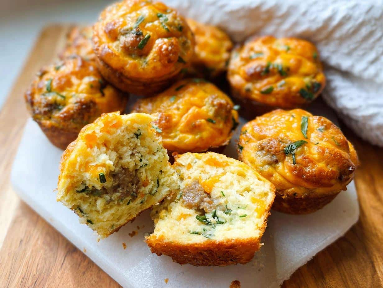 A pile of golden Sausage Pancake Breakfast Muffins, one cut in half showing the sausage center.
