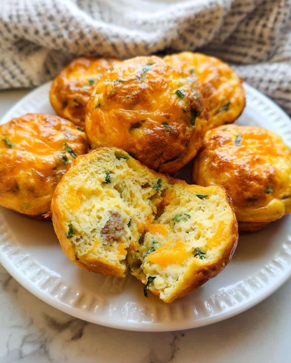 Close-up of golden Sausage Pancake Breakfast Muffins, one split open showing sausage and cheese inside.