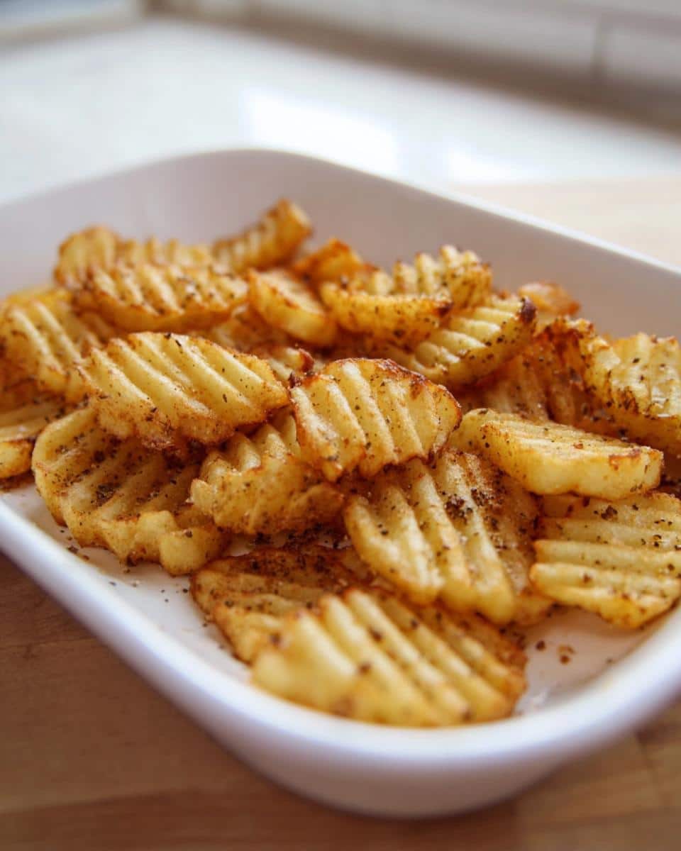 A close-up of golden, seasoned Crinkle-Cut Oven Chips piled high on a white serving dish.