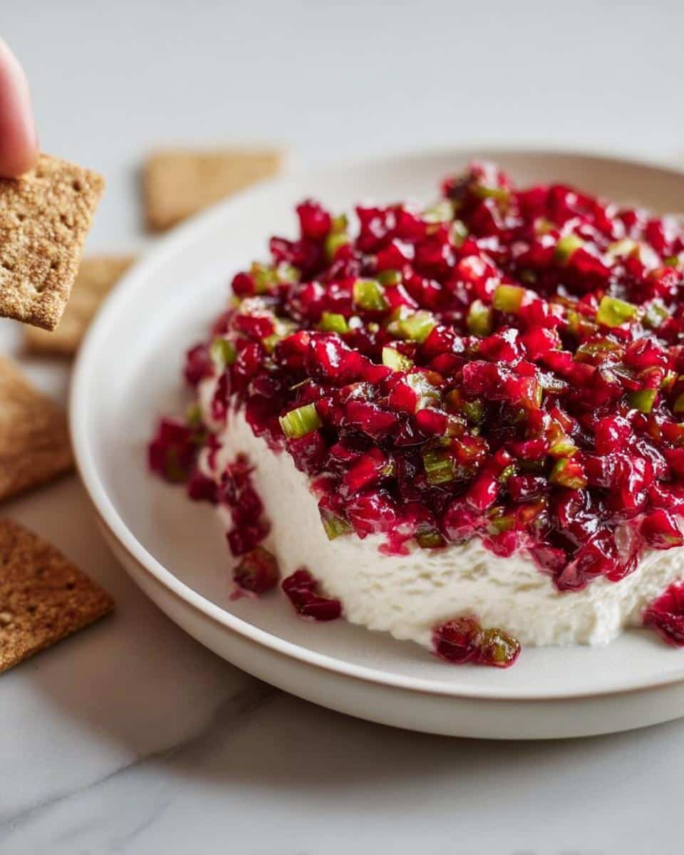 A hand dips a cracker into a mound of creamy Cranberry Jalapeño Dip topped with red cranberry relish and green jalapeno pieces.