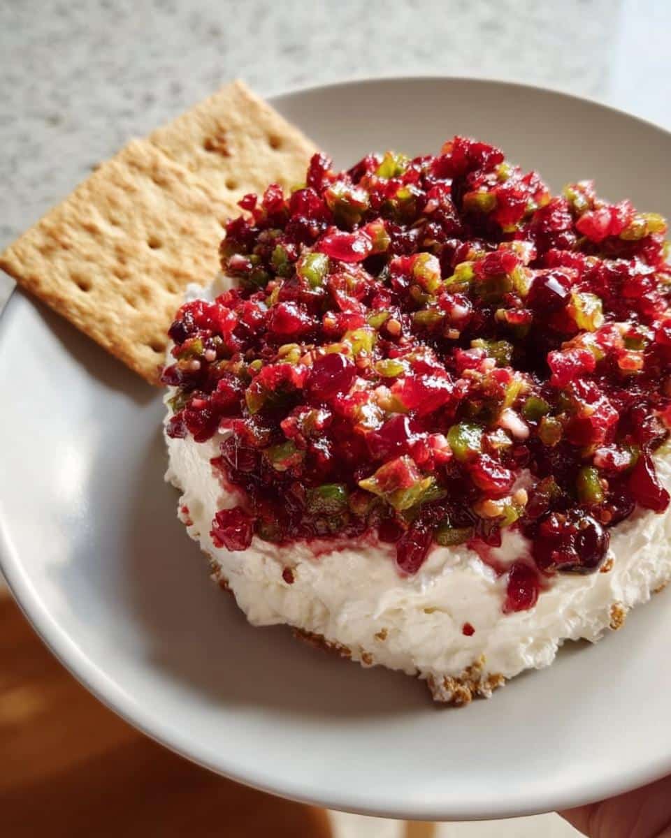 A serving of creamy Cranberry Jalapeño Dip topped with chunky cranberry-jalapeño relish, served with a graham cracker.