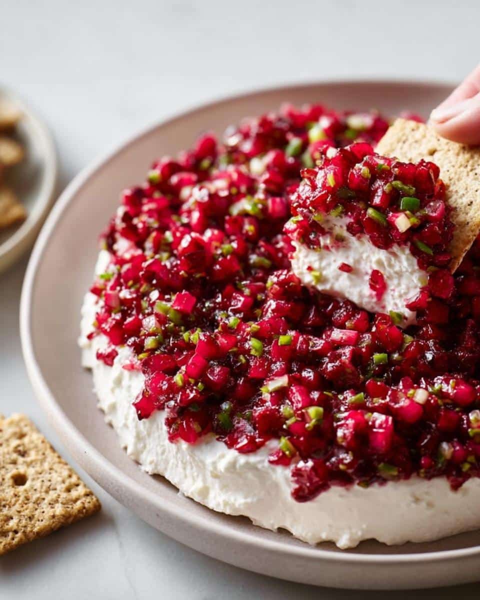 A hand dips a cracker into a mound of creamy white cheese topped with bright red Cranberry Jalapeño Dip.