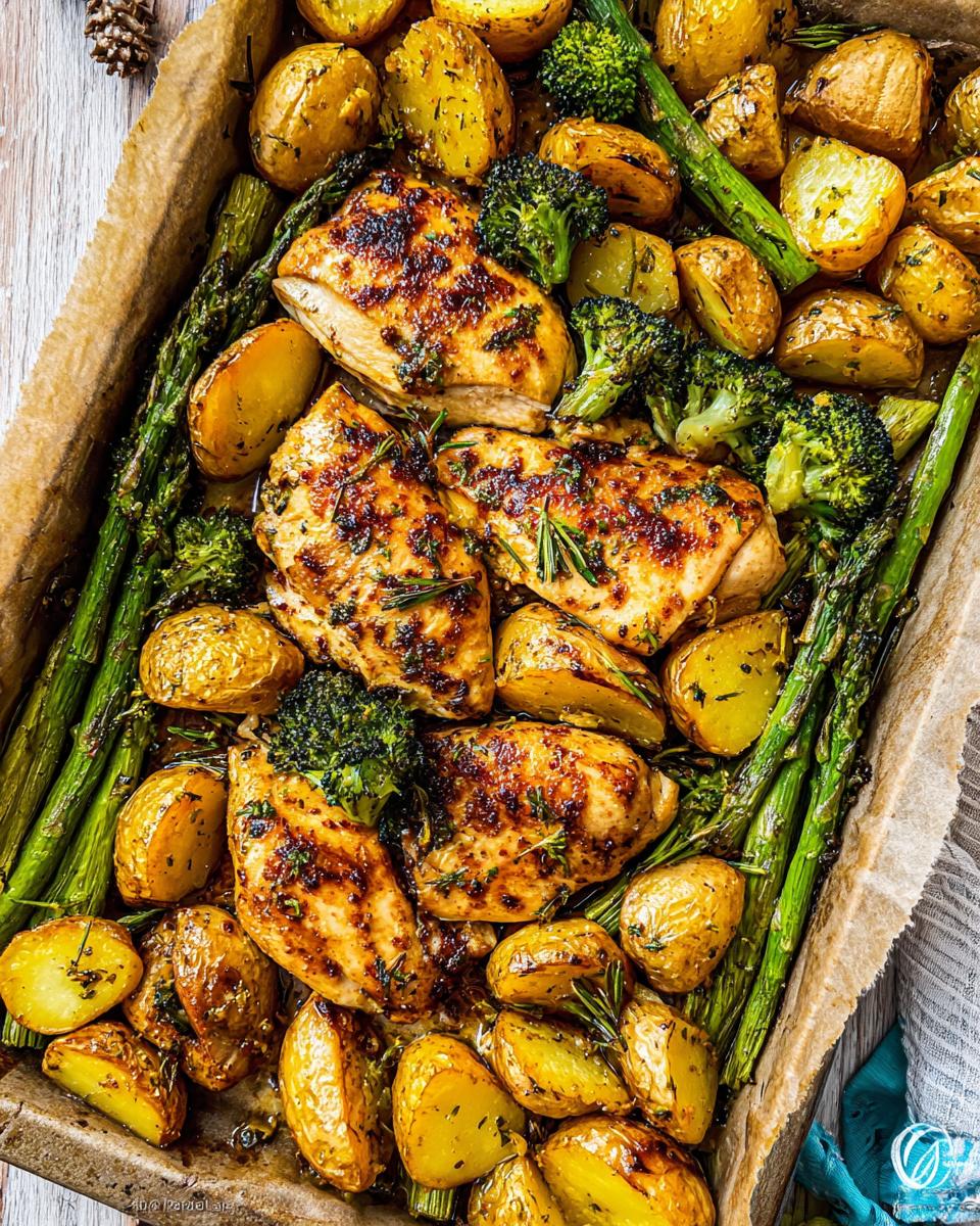 Overhead view of Sheet Pan Garlic Butter Chicken & Veggies with roasted potatoes, broccoli, and asparagus.