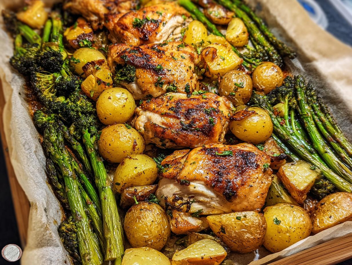Close-up of Sheet Pan Garlic Butter Chicken & Veggies, featuring golden-brown chicken thighs, roasted potatoes, and tender asparagus.