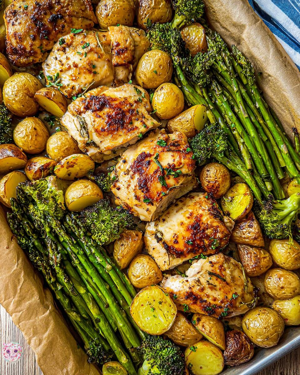 Close-up of Sheet Pan Garlic Butter Chicken & Veggies with roasted potatoes, broccoli, and asparagus.