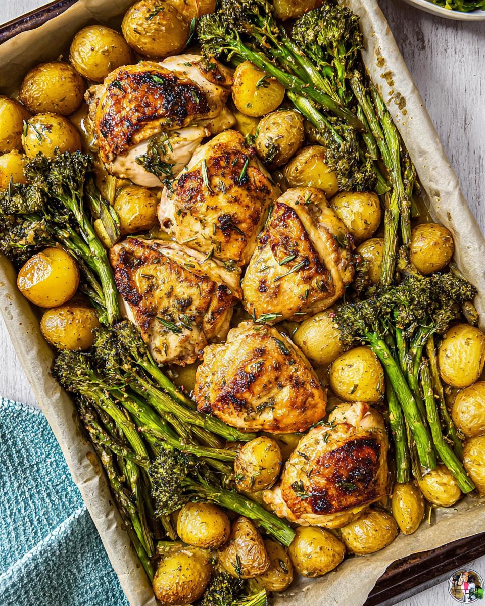 Close-up of Sheet Pan Garlic Butter Chicken & Veggies with roasted potatoes and broccoli.