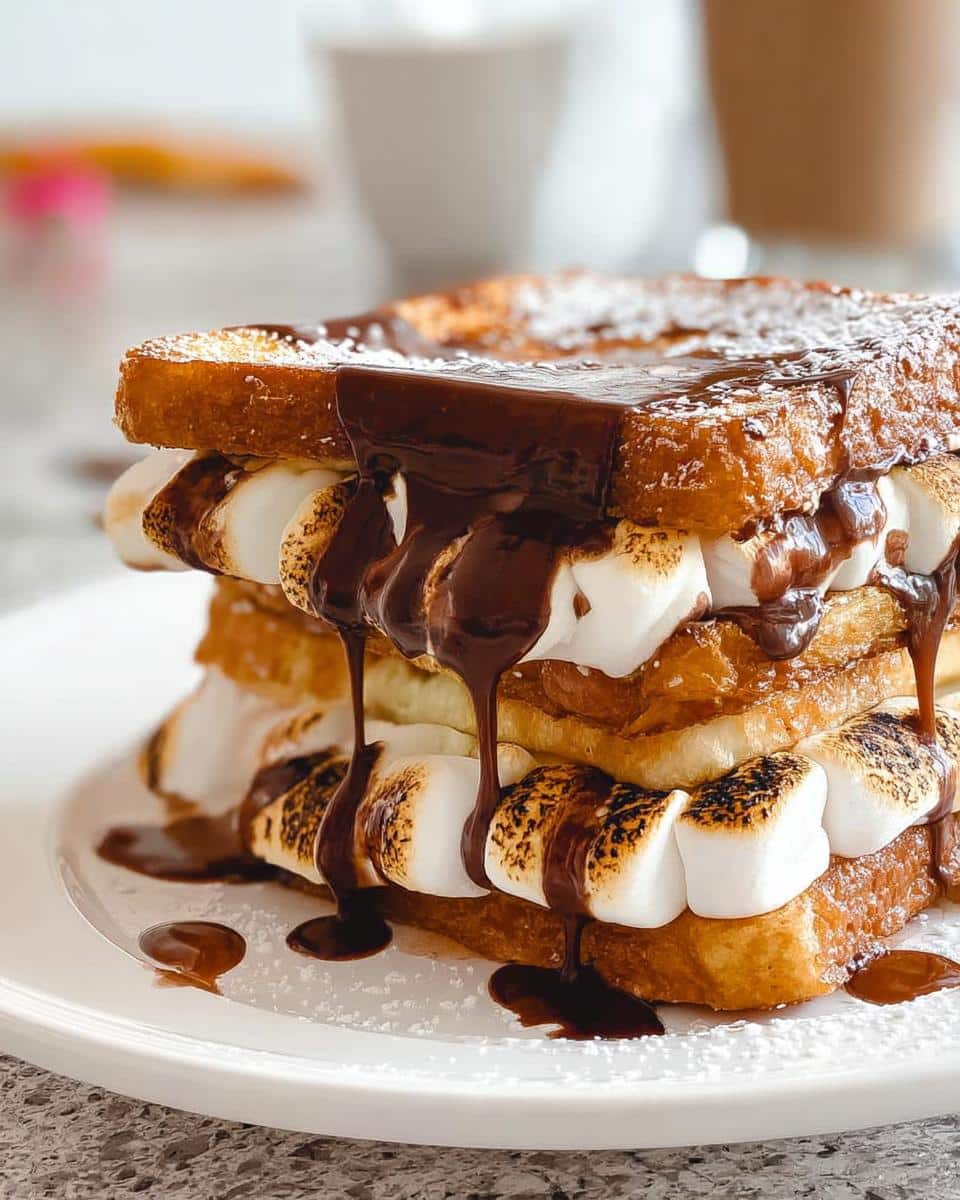A tall stack of S’mores French Toast layered with toasted marshmallows and dripping with rich chocolate sauce.