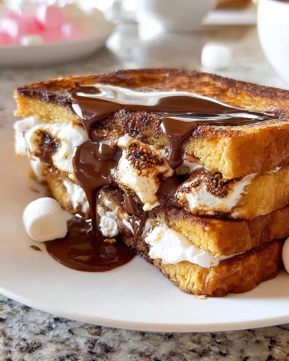 A tall stack of S’mores French Toast filled with toasted marshmallows and dripping rich chocolate sauce.
