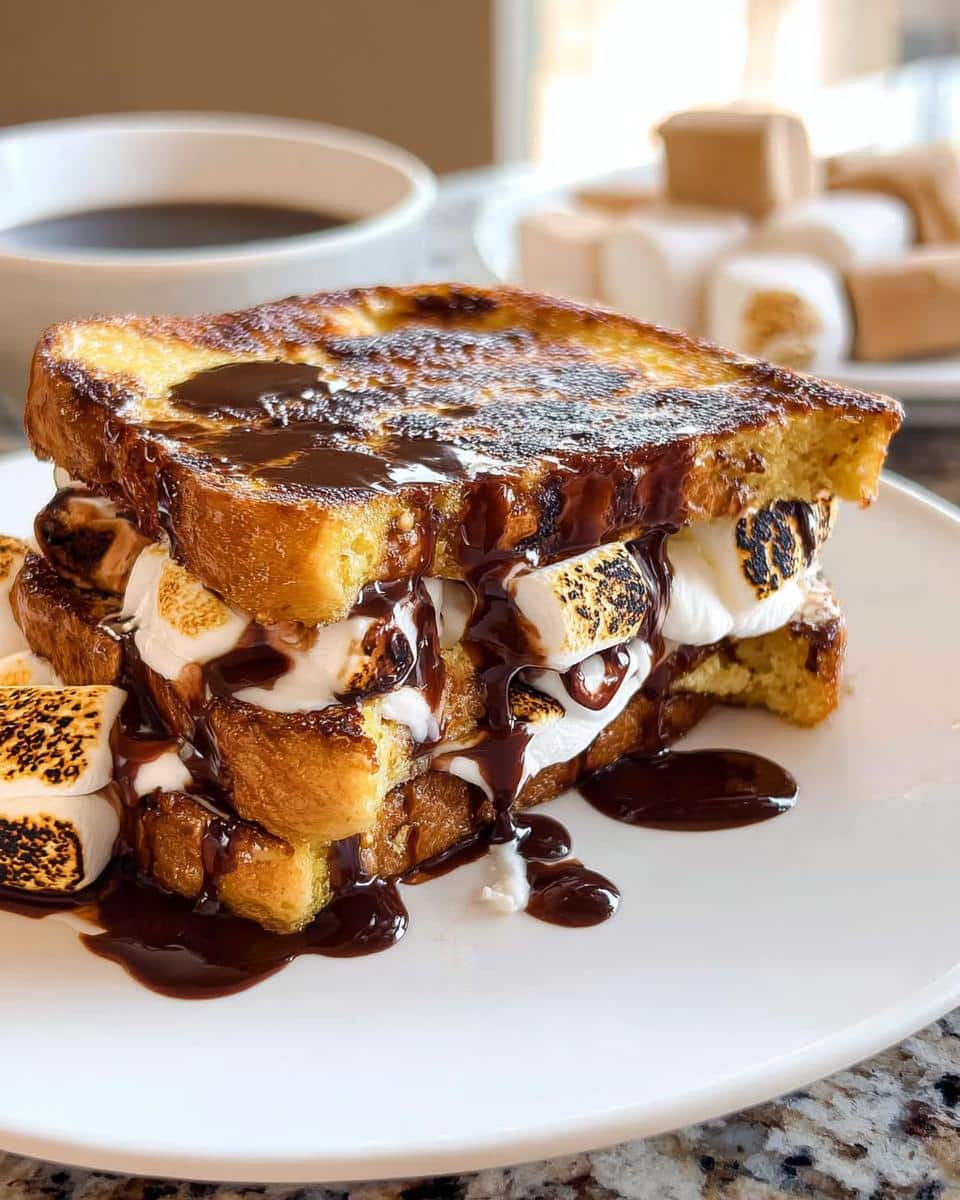 A tall stack of S’mores French Toast loaded with toasted marshmallows and dripping with chocolate syrup.