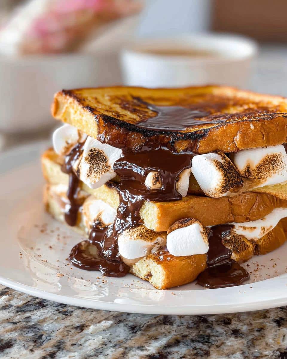 Close-up of a stack of S’mores French Toast layered with toasted marshmallows and dripping chocolate sauce.