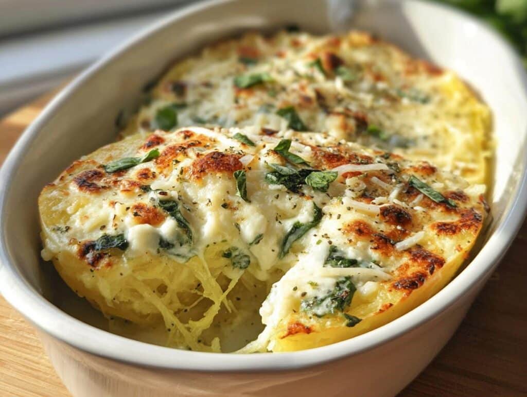 Close-up of a baked spaghetti squash half filled with creamy Alfredo sauce, spinach, and melted cheese.