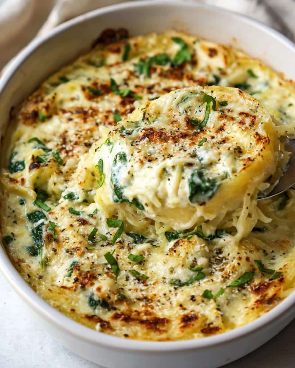 A spoonful of creamy Spaghetti Squash Alfredo Bake with spinach, topped with herbs and cheese.