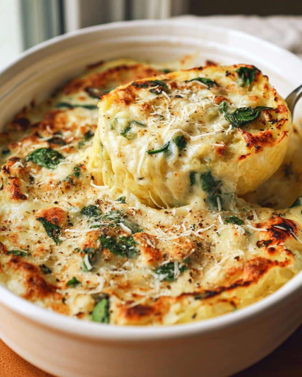 A serving spoon lifts a portion of Spaghetti Squash Alfredo Bake, revealing creamy Alfredo sauce, tender squash strands, and spinach.