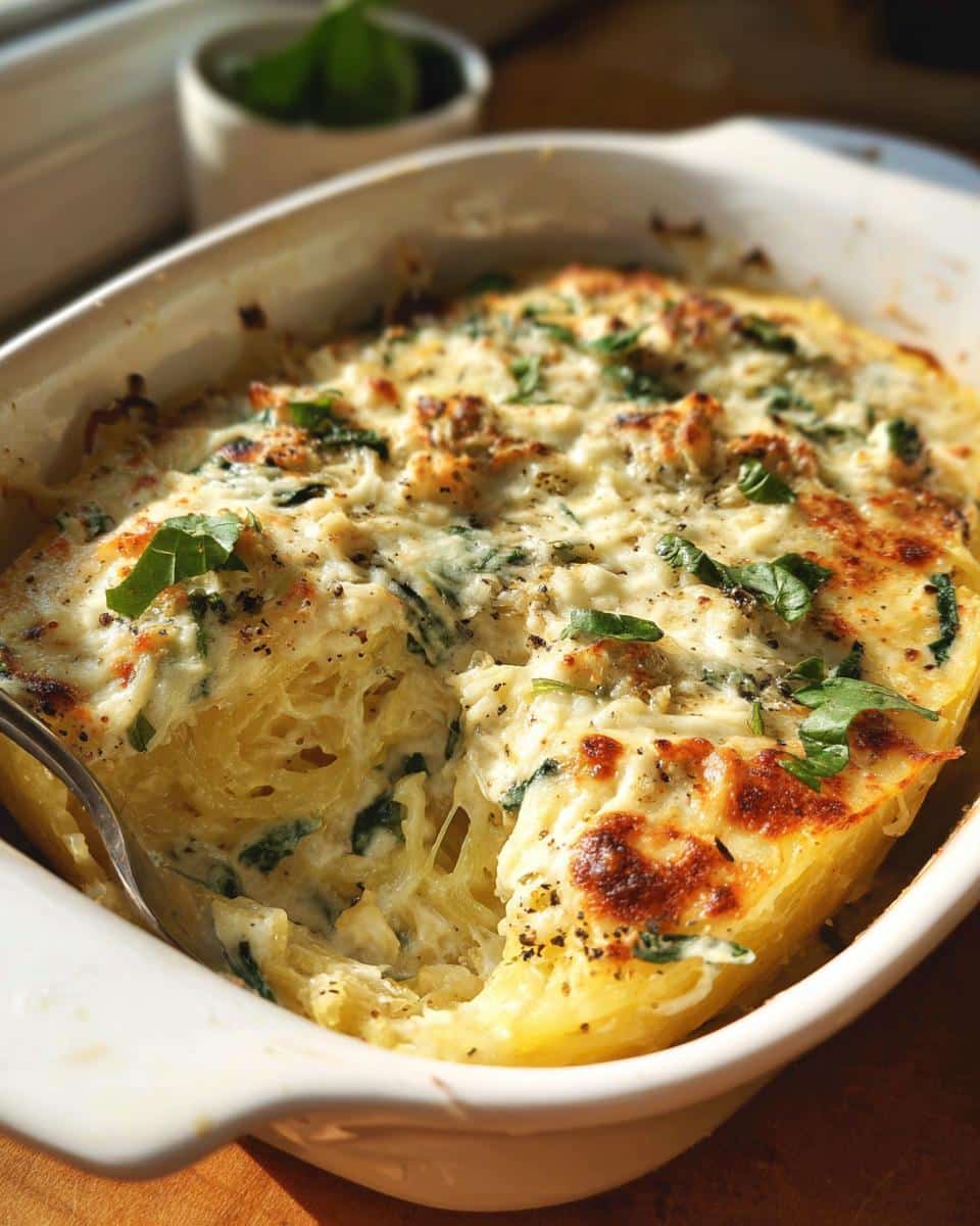 A close-up of a creamy Spaghetti Squash Alfredo Bake with melted cheese and fresh spinach.