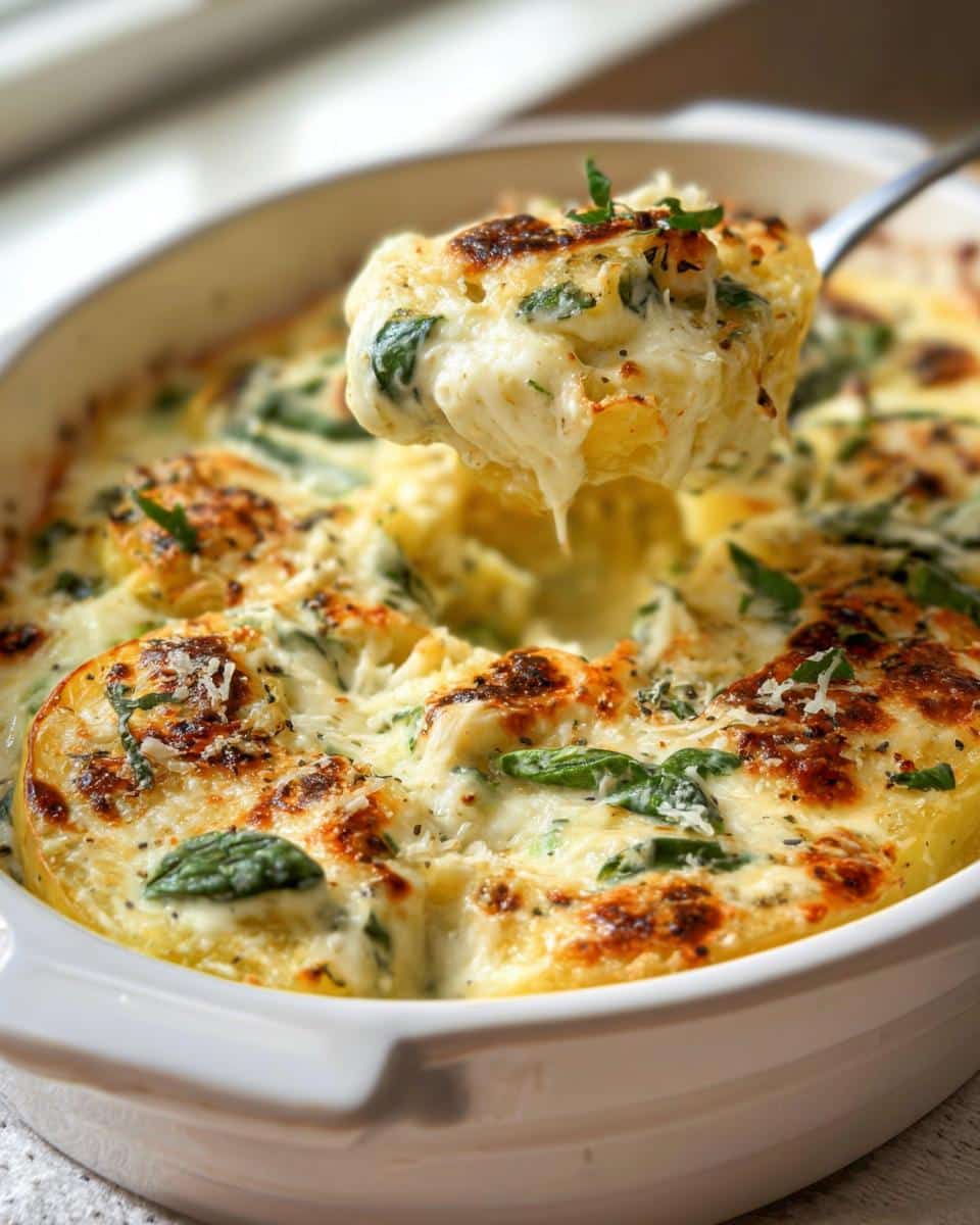 A spoonful of creamy Spaghetti Squash Alfredo Bake with spinach and melted cheese.
