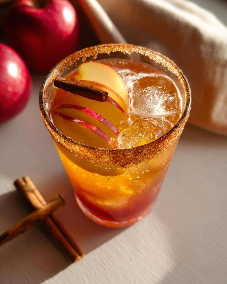 A festive Sparkling Apple Cider Mocktail in a glass, garnished with apple slices and a cinnamon stick, with a sugared rim.