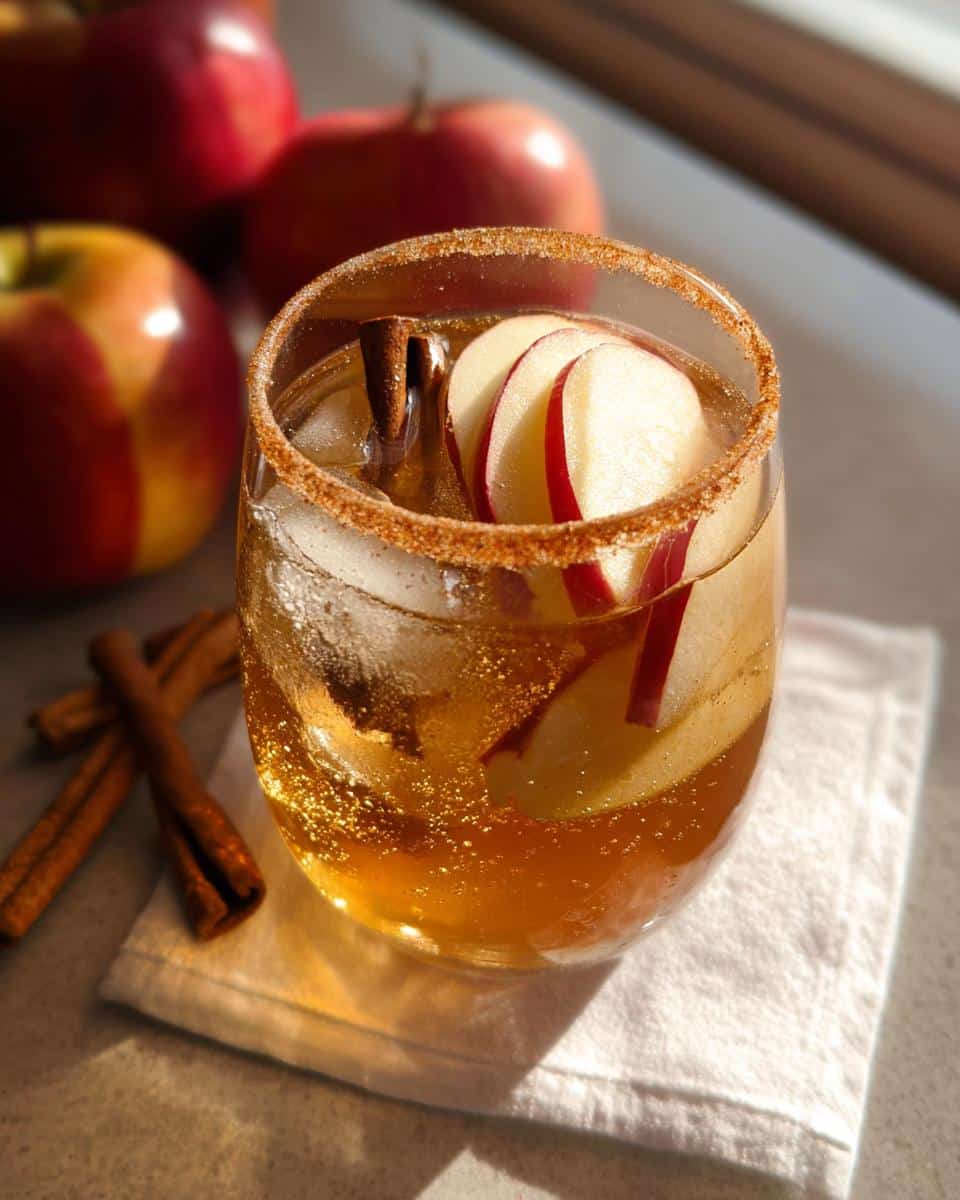 A refreshing Sparkling Apple Cider Mocktail served in a glass with a cinnamon-sugar rim, apple slices, and cinnamon sticks.