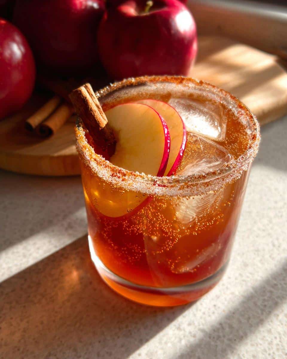 A refreshing Sparkling Apple Cider Mocktail garnished with apple slices and a cinnamon stick, with a sugar-cinnamon rim.