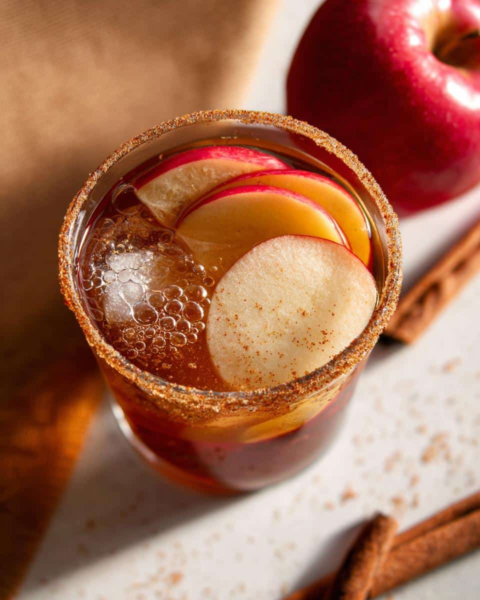 A close-up of a Sparkling Apple Cider Mocktail in a glass, garnished with apple slices and a cinnamon-sugar rim.