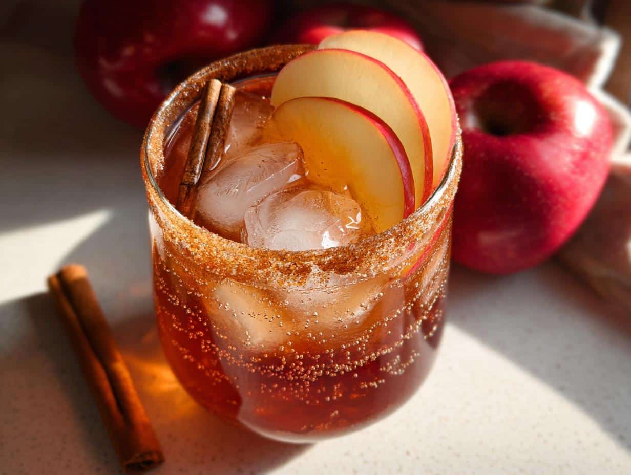 A refreshing Sparkling Apple Cider Mocktail in a glass, garnished with apple slices and cinnamon sticks, featuring a cinnamon-sugar rim.