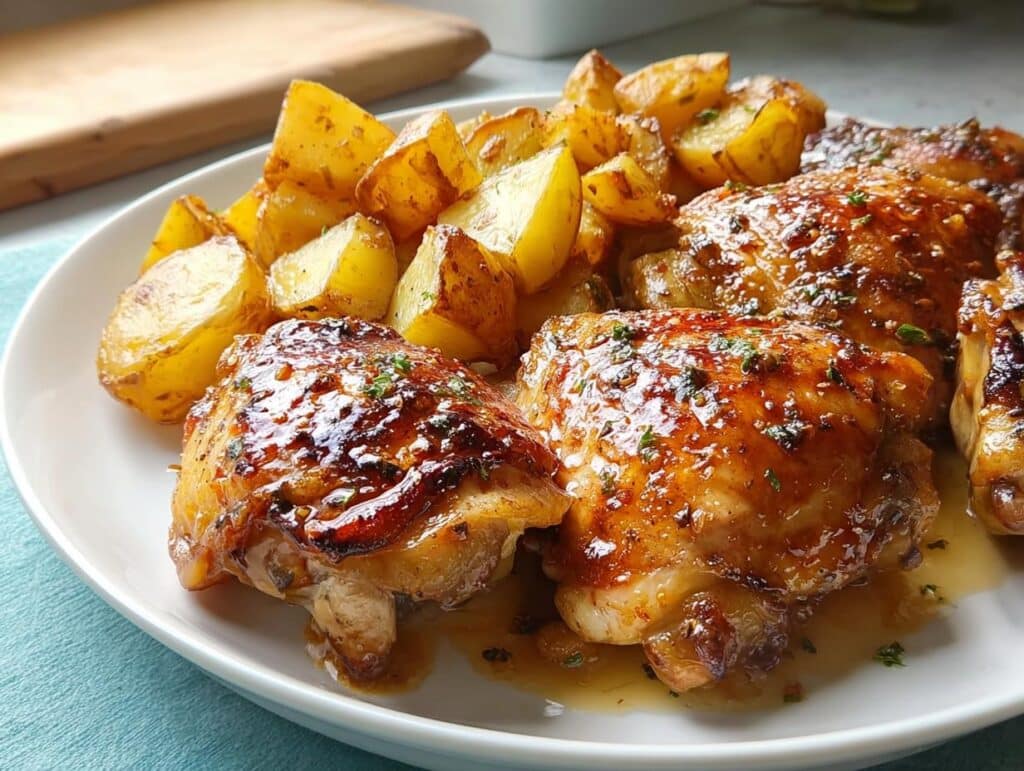 Close-up of glistening Spicy Honey-Lime Chicken Thighs served with golden roasted potatoes.