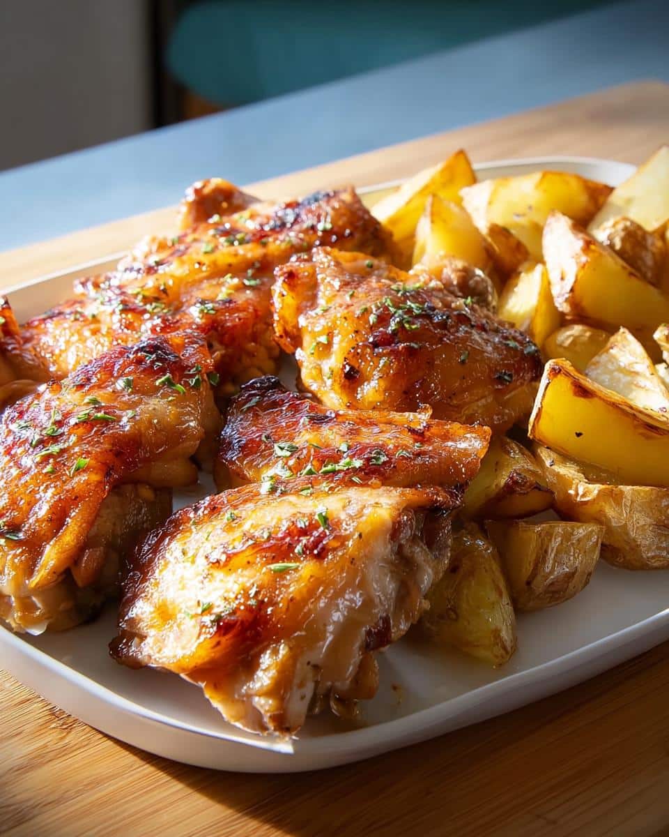 A plate of glistening Spicy Honey-Lime Chicken Thighs served with golden roasted potato wedges and sprinkled with herbs.