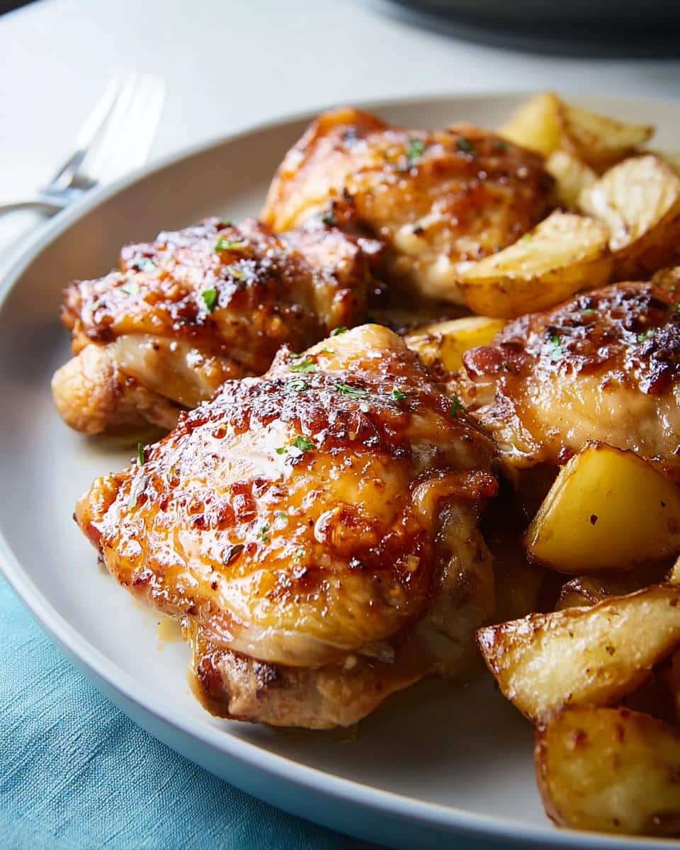 A close-up of tender Spicy Honey-Lime Chicken Thighs served with golden roasted potato wedges on a plate.