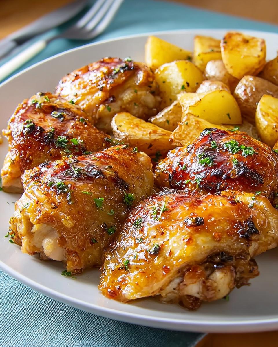 Close-up of juicy Spicy Honey-Lime Chicken Thighs served with golden roasted potatoes and garnished with parsley.