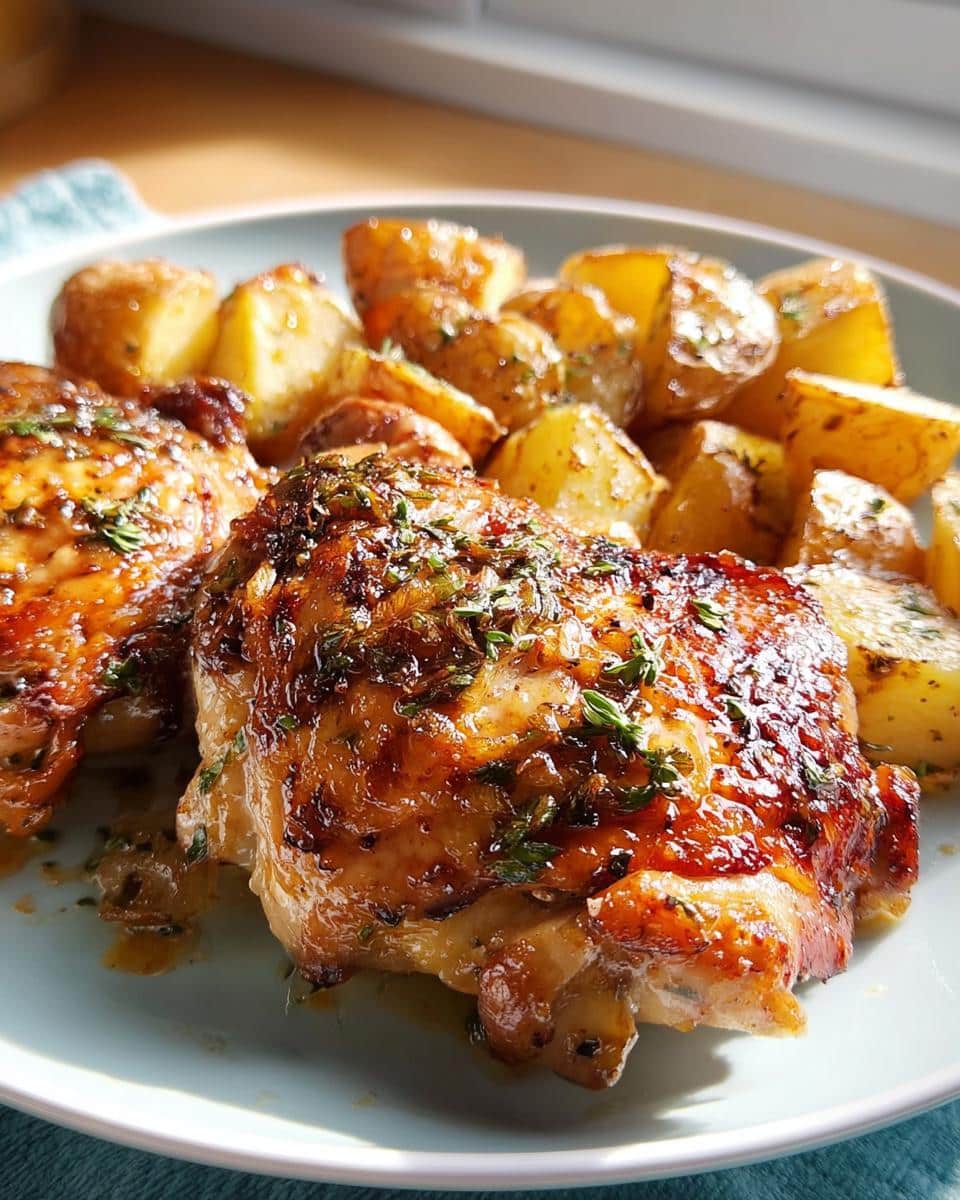 Close-up of two glistening Spicy Honey-Lime Chicken Thighs served with golden roasted potatoes.