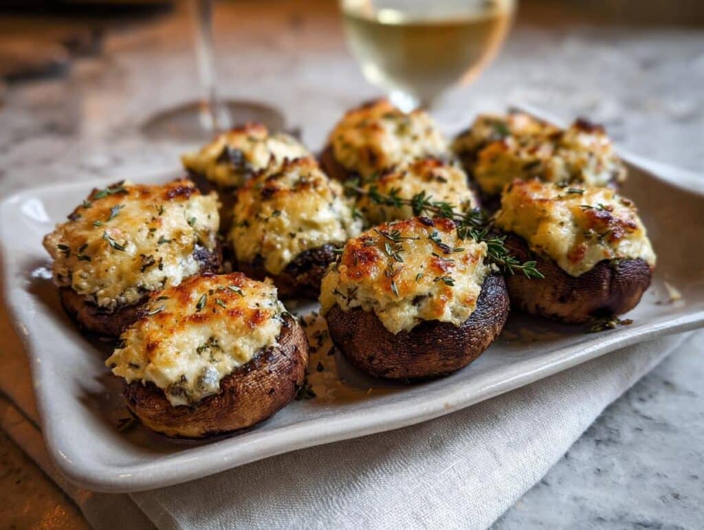 A plate of baked Stuffed Mushrooms with Garlic Herb Cream Cheese, topped with melted cheese and fresh thyme.