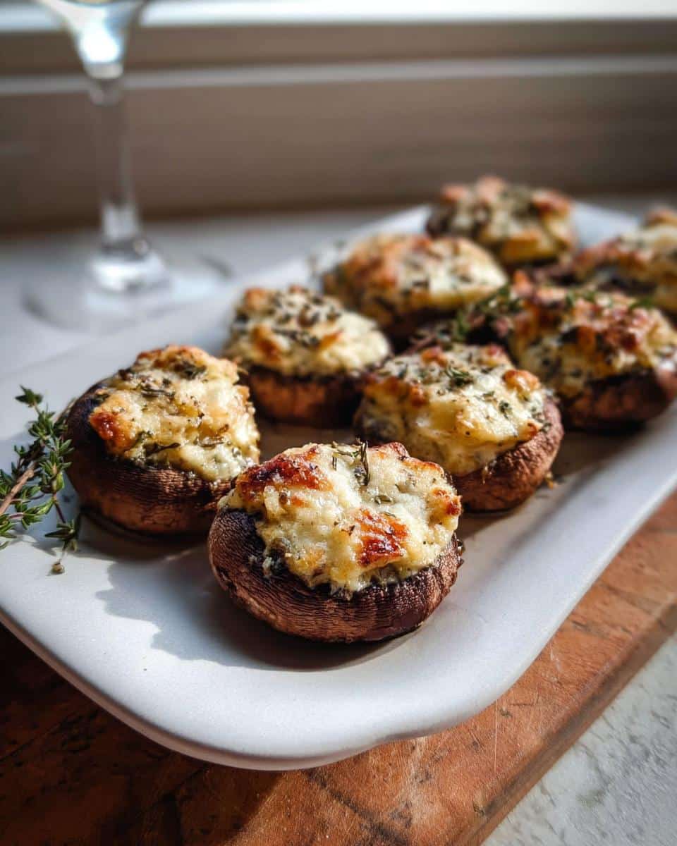 A plate of baked Stuffed Mushrooms with Garlic Herb Cream Cheese, garnished with fresh thyme.