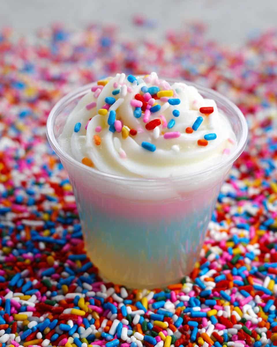 Close-up of a Sugar Cookie Jello Shot in a plastic cup, topped with white frosting and colorful sprinkles, surrounded by more sprinkles.