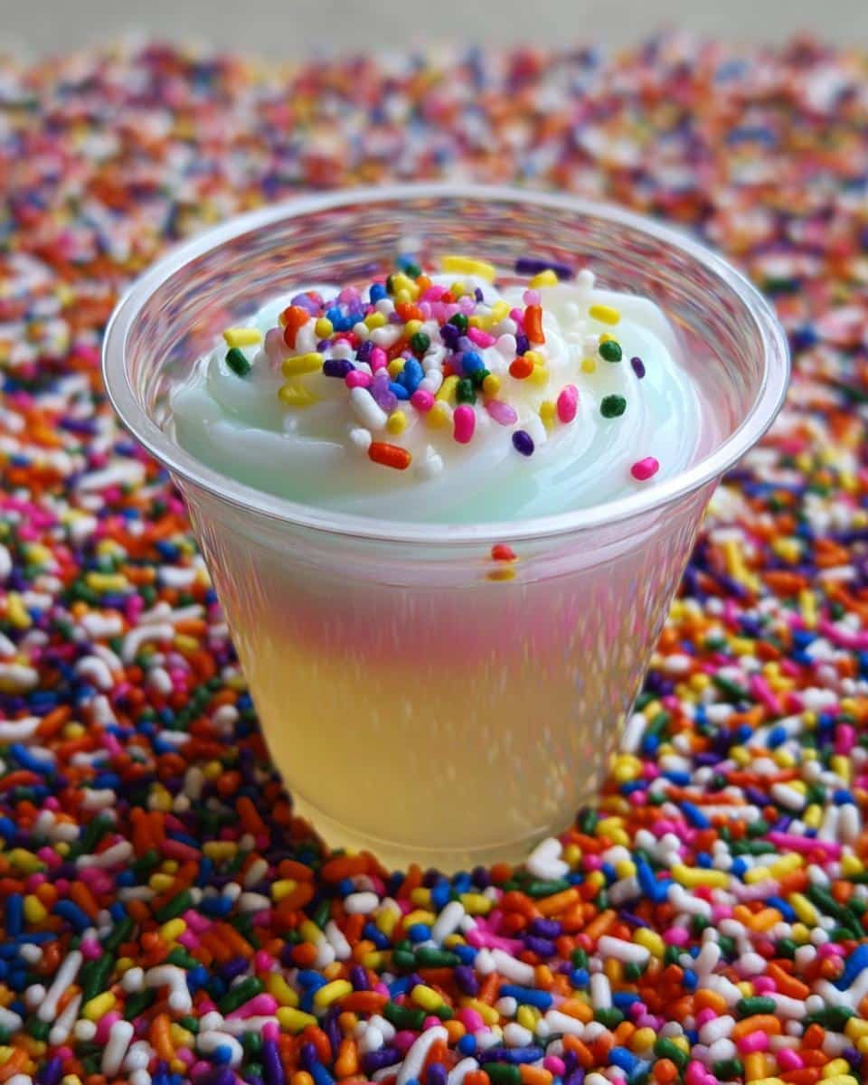 Close-up of a Sugar Cookie Jello Shot in a plastic cup, topped with whipped cream and colorful sprinkles, surrounded by a bed of sprinkles.