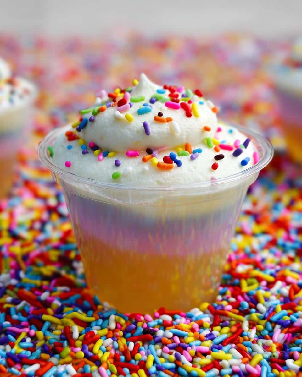 A close-up of a Sugar Cookie Jello Shot topped with whipped cream and colorful sprinkles, surrounded by more sprinkles.