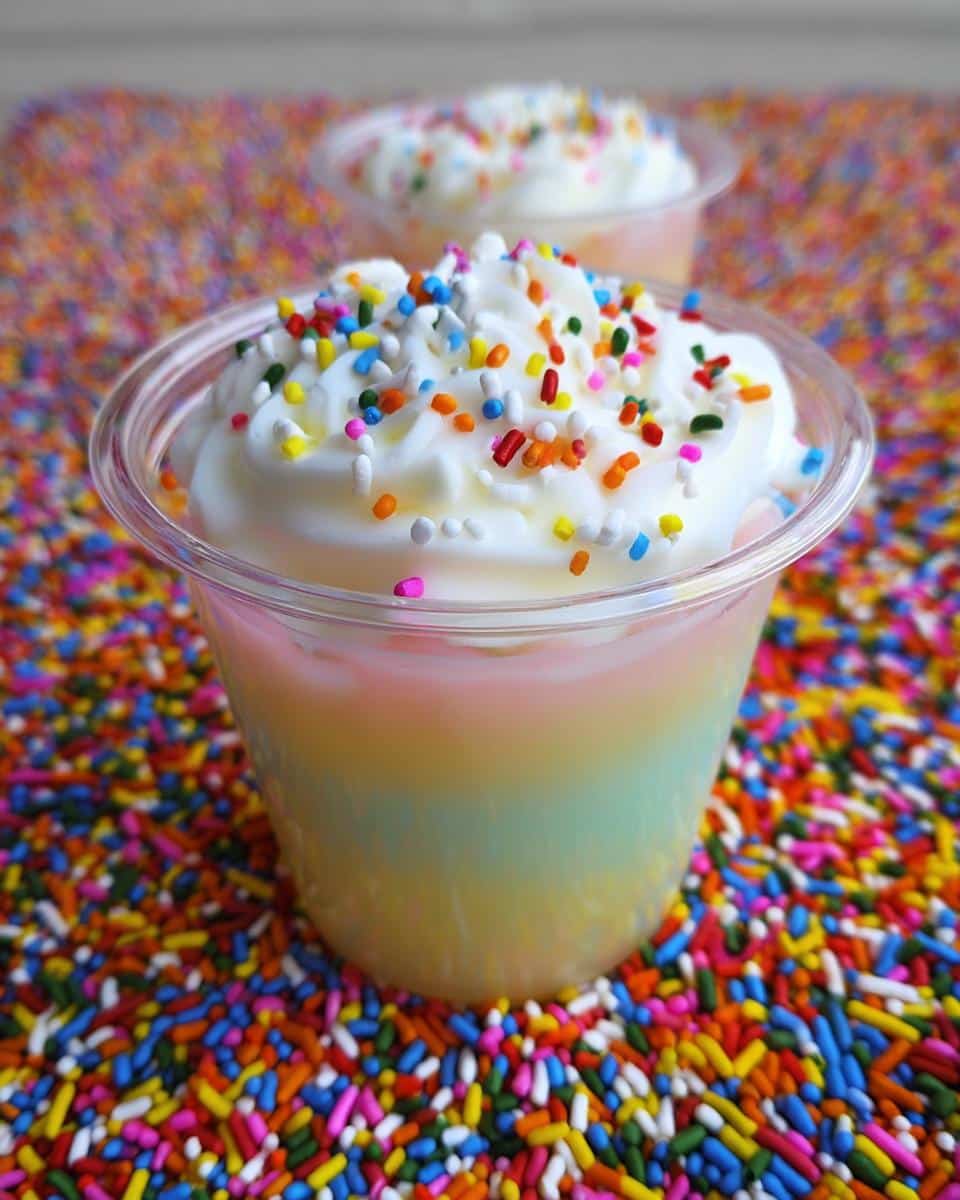 Close-up of a Sugar Cookie Jello Shot in a clear cup, topped with whipped cream and colorful sprinkles, set against a background of scattered sprinkles.