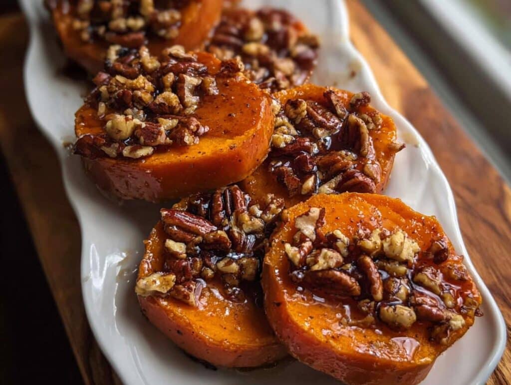 Close-up of baked Sweet Potato Rounds with Pecan Maple Topping, glistening with glaze.