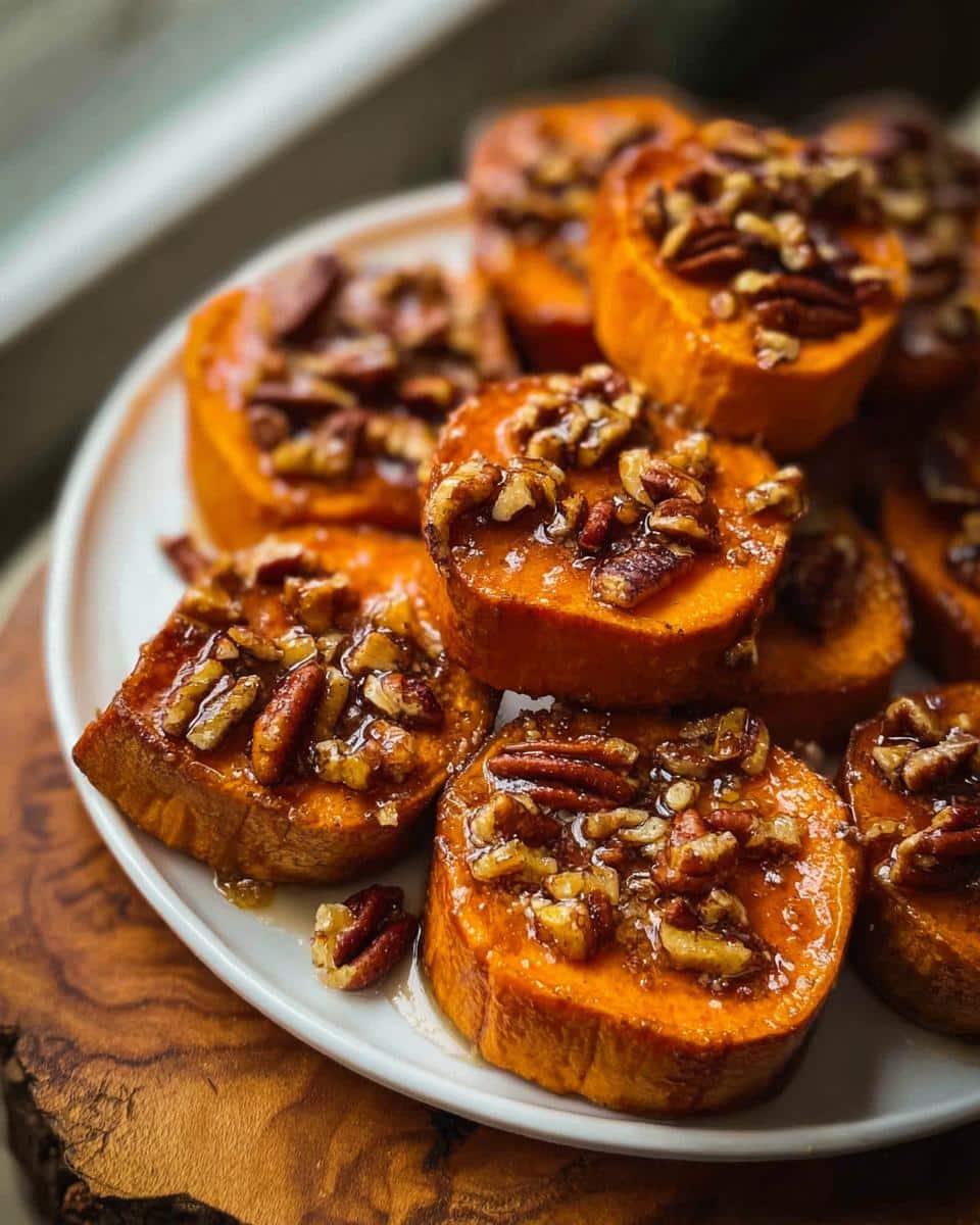 A plate piled high with glistening Sweet Potato Rounds with Pecan Maple Topping.