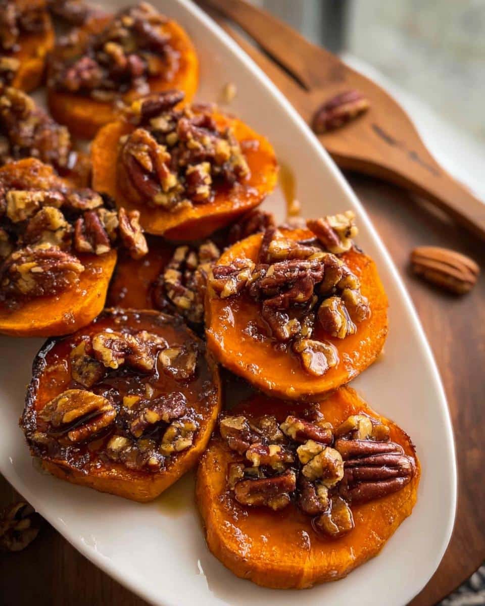 Close-up of bright orange Sweet Potato Rounds with Pecan Maple Topping glistening on a white platter.