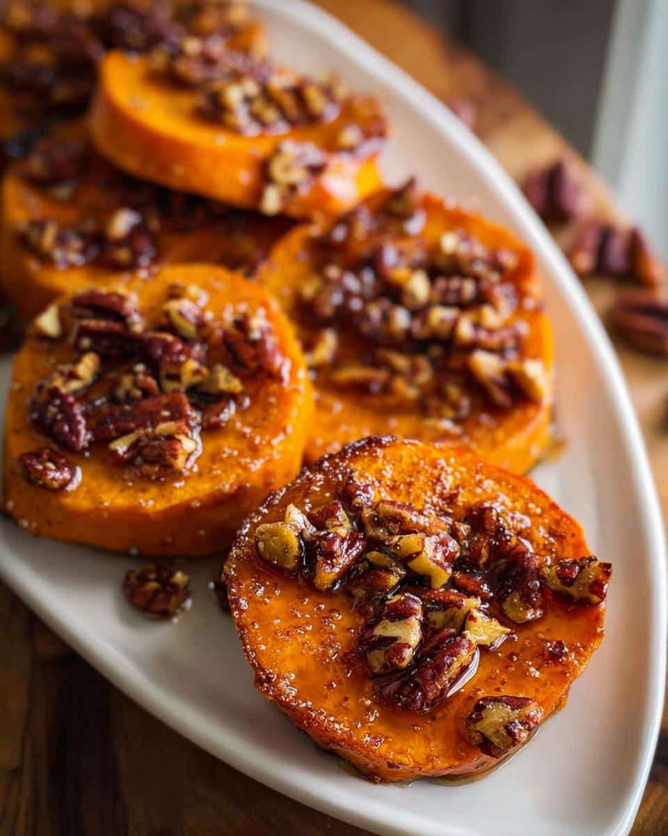 Close-up of bright orange Sweet Potato Rounds with Pecan Maple Topping glistening on a white platter.