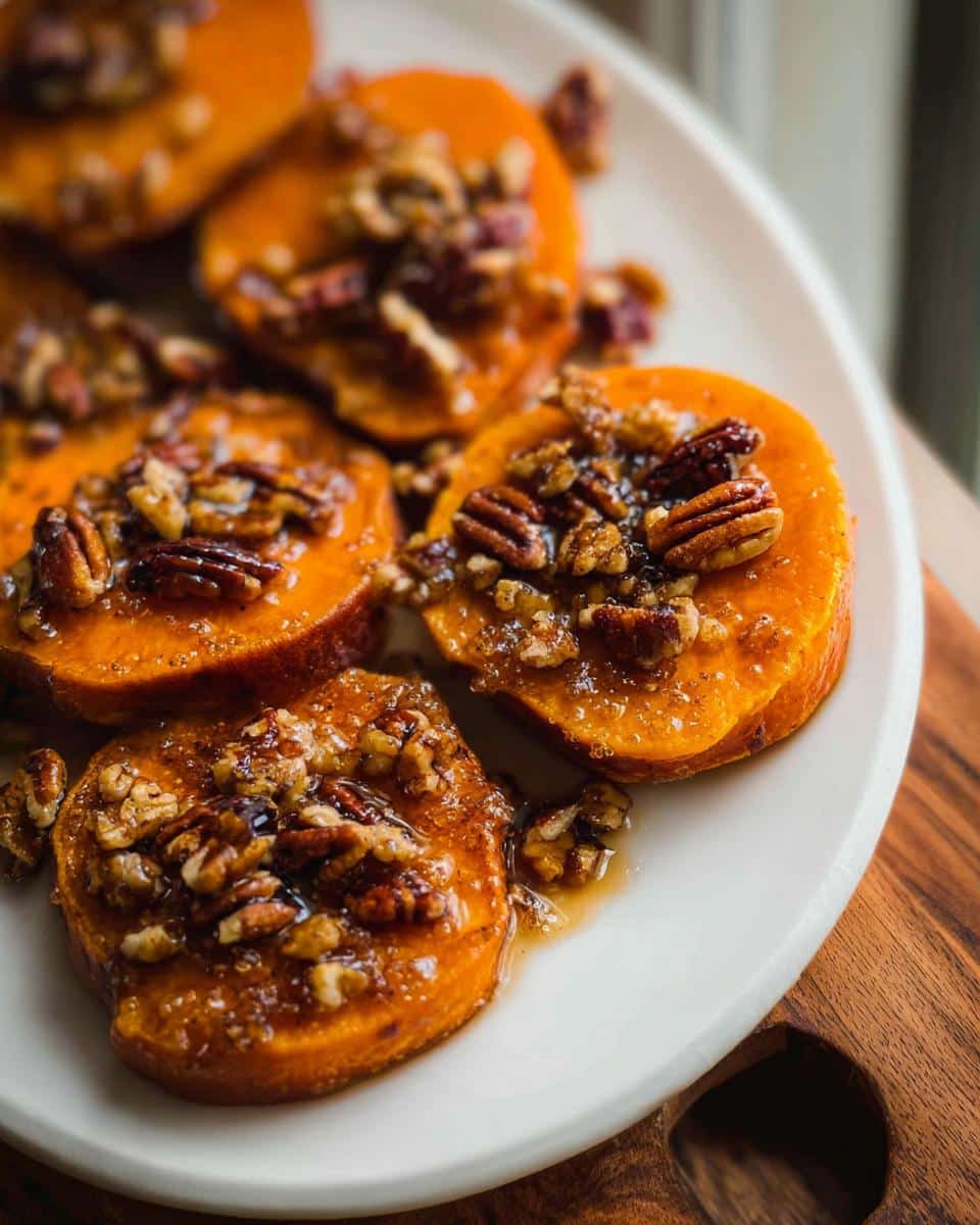 Close-up of bright orange Sweet Potato Rounds with Pecan Maple Topping glistening on a white plate.