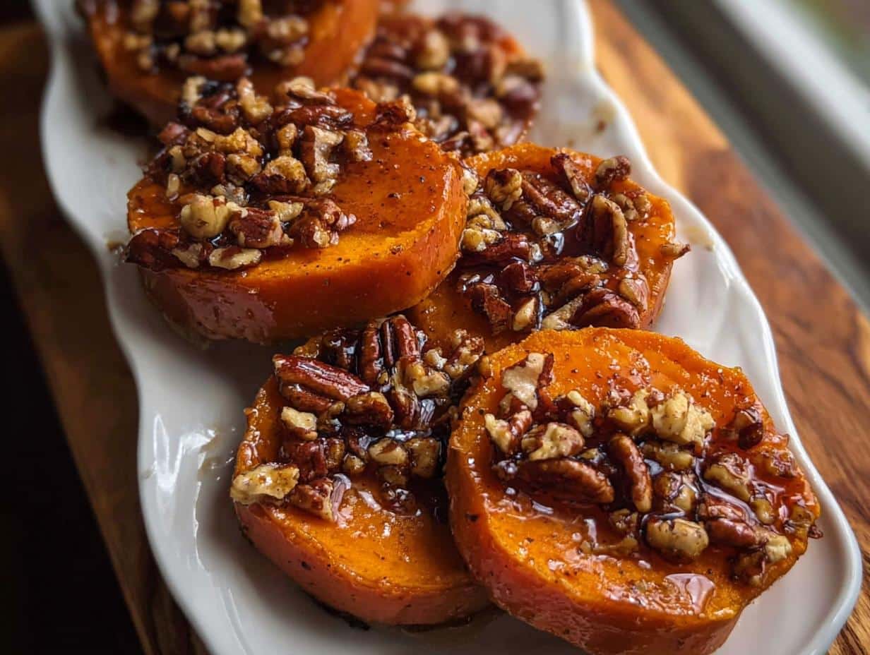 Close-up of baked Sweet Potato Rounds with Pecan Maple Topping, glistening with glaze.