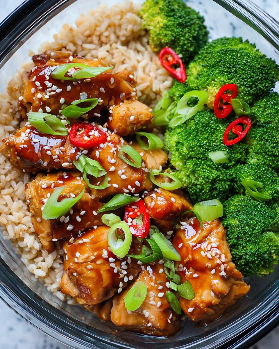 A close-up of a Teriyaki Chicken Meal Prep Bowl featuring glazed chicken, brown rice, and steamed broccoli, garnished with sesame seeds and chili slices.
