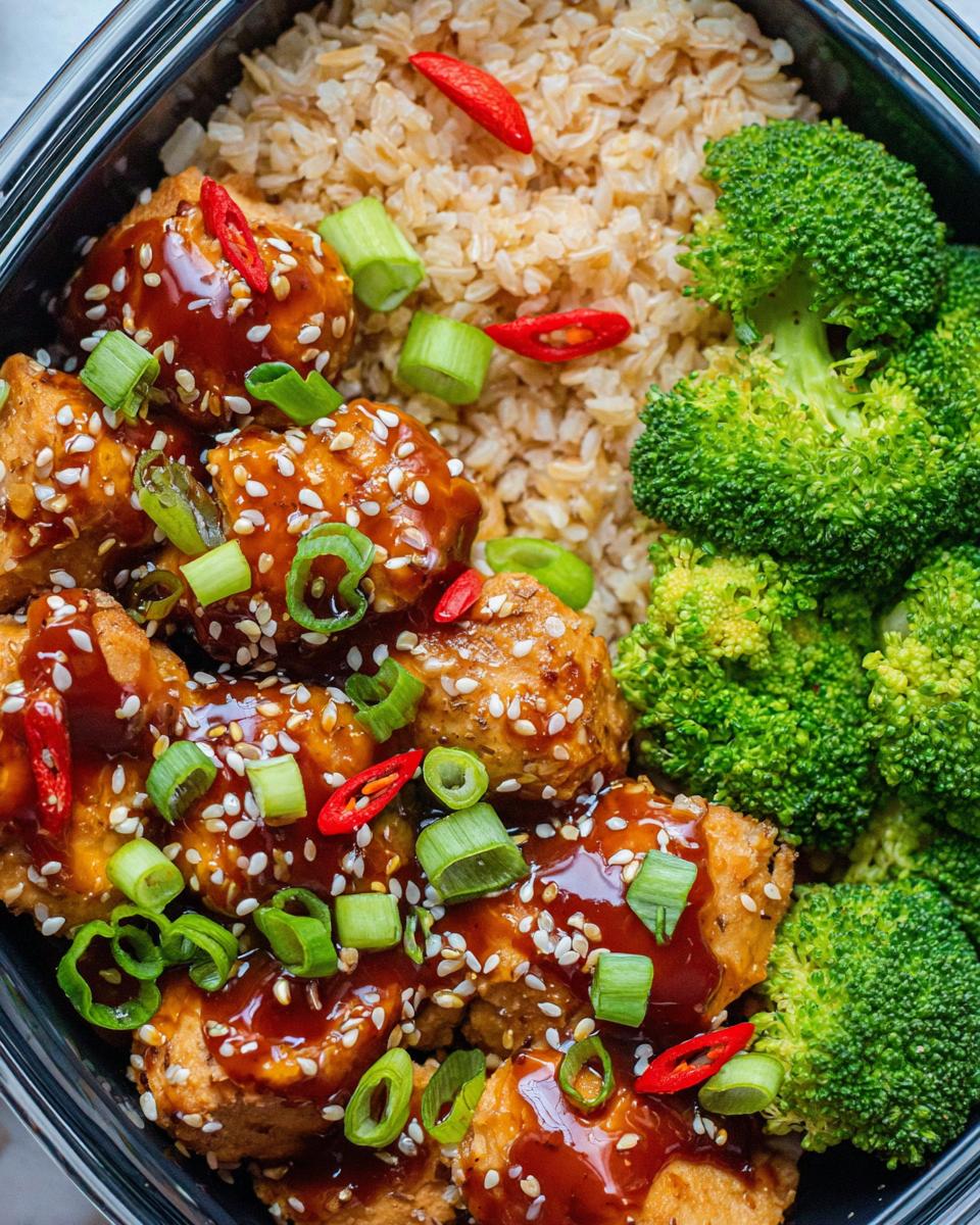 Close-up of a Teriyaki Chicken Meal Prep Bowl with rice, broccoli, and chicken glazed in teriyaki sauce.