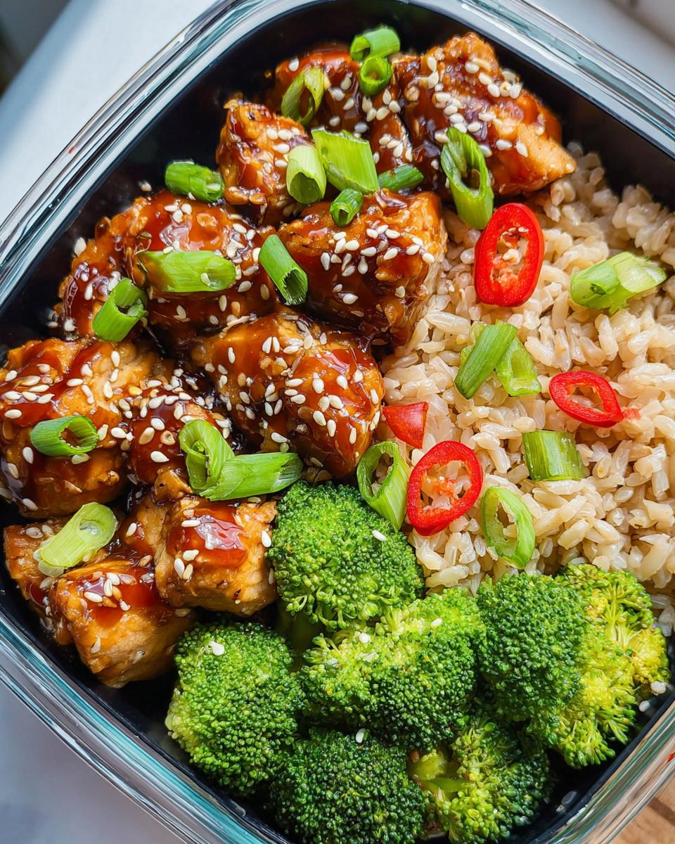 Close-up of Teriyaki Chicken Meal Prep Bowls featuring glazed chicken, brown rice, and steamed broccoli, garnished with sesame seeds and green onions.