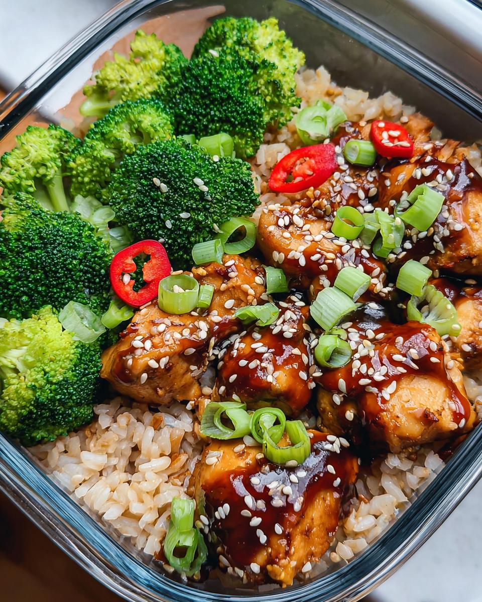 Close-up of Teriyaki Chicken Meal Prep Bowls with tender chicken pieces, fluffy rice, and steamed broccoli florets, garnished with sesame seeds and green onions.