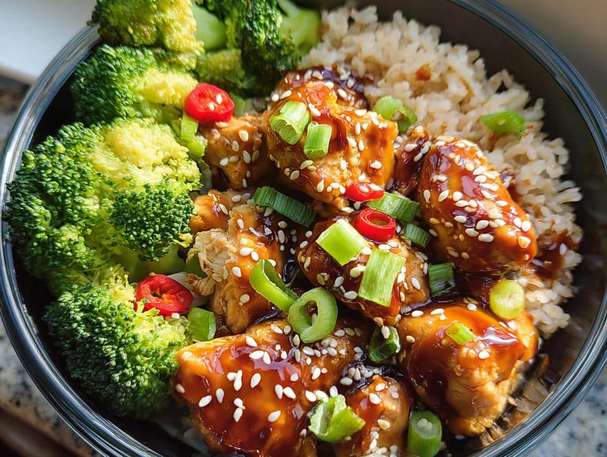 Close-up of Teriyaki Chicken Meal Prep Bowls with tender chicken glazed in teriyaki sauce, fluffy rice, and vibrant broccoli florets.