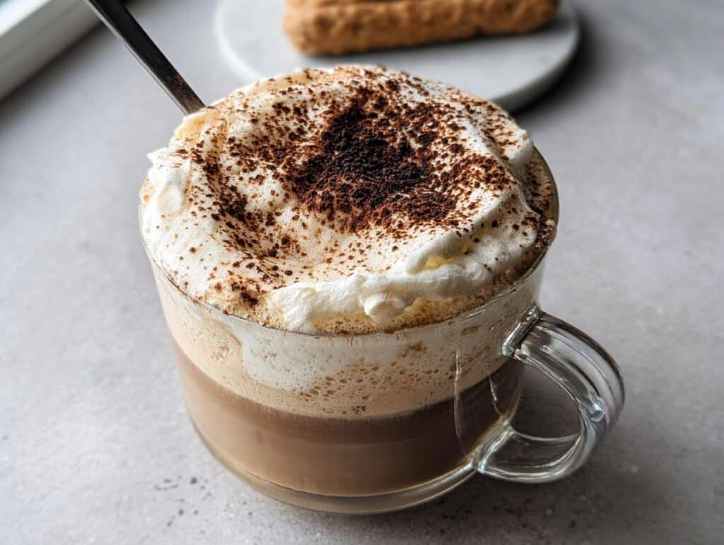 A close-up of a Tiramisu Latte in a glass mug, topped with whipped cream and dusted with cocoa powder.