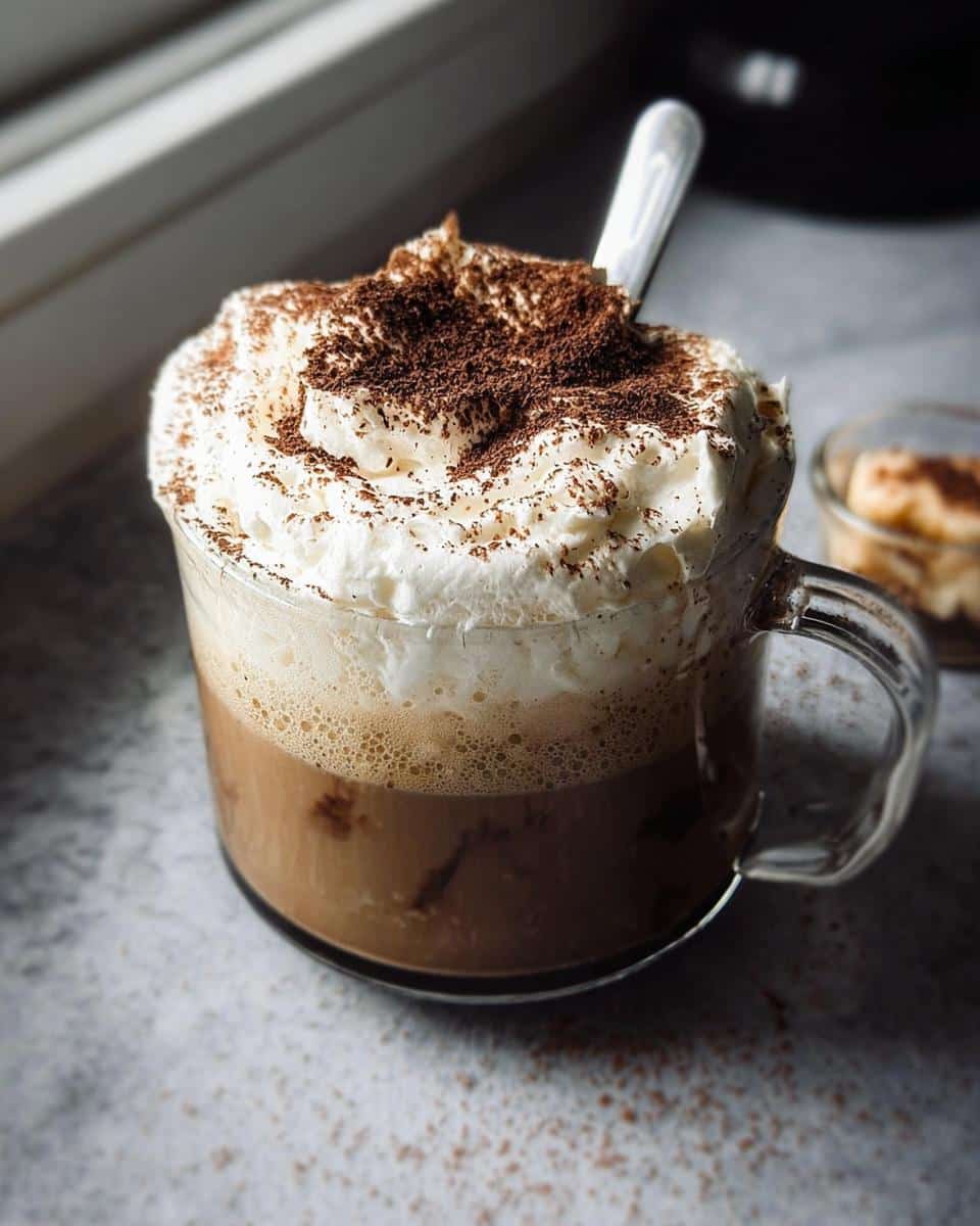 A close-up of a Tiramisu Latte topped with whipped cream and cocoa powder, served in a glass mug with a spoon.
