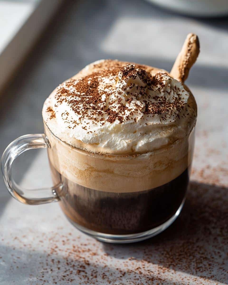 A close-up of a Tiramisu Latte in a glass mug, topped with whipped cream and cocoa powder, with a biscuit garnish.